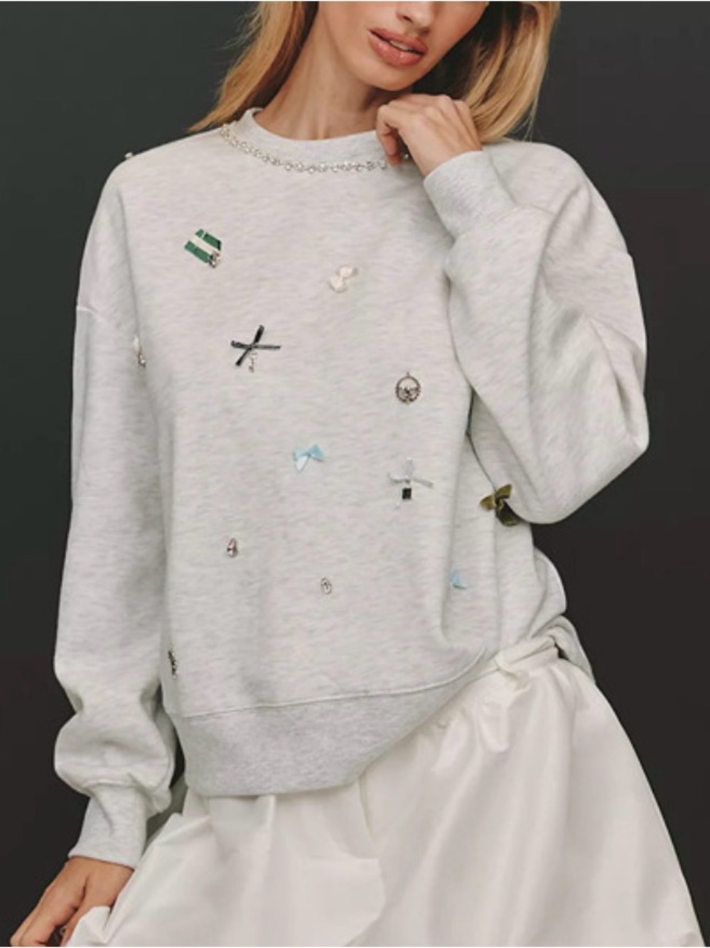 Anthro Maeve Light Gray Icon Embellished Crewneck Sweatshirt. Size S. MSRP $138
